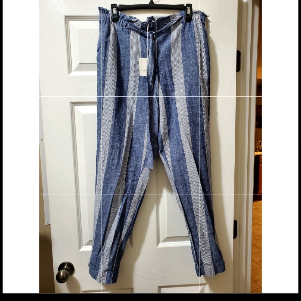 BEACH LUNCH LOUNGE Blue and White WIDE Striped Pants LG